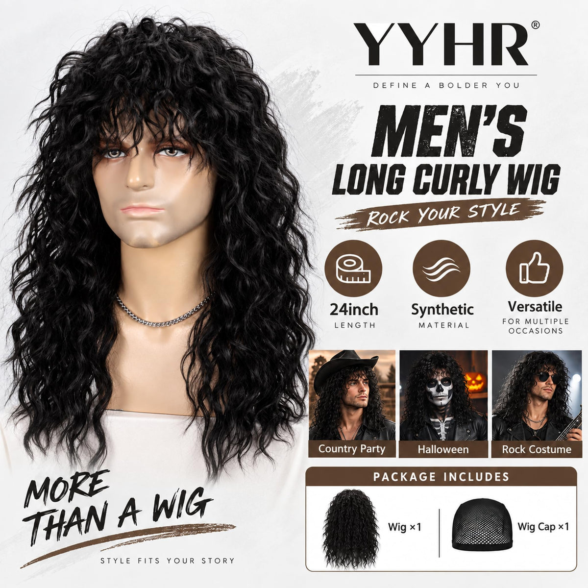 YYHR 80s Brown Wigs for Mens Mullet Rocker Costume Long Synthetic Hair Wig