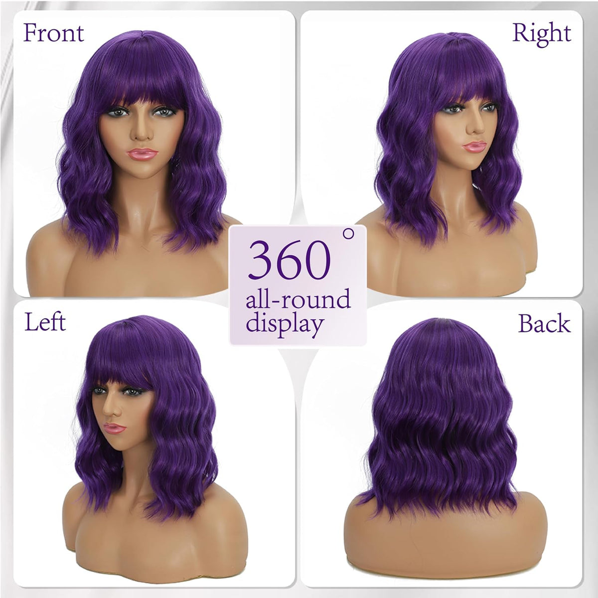 Dark Purple Wigs with Bangs for Women 14 Inch Short Wavy Bob Wigs Synthetic Bob Wig Curly Wig Heat Resistant Colorful Wavy Wig Cosplay Wigs For Daily Party Halloween