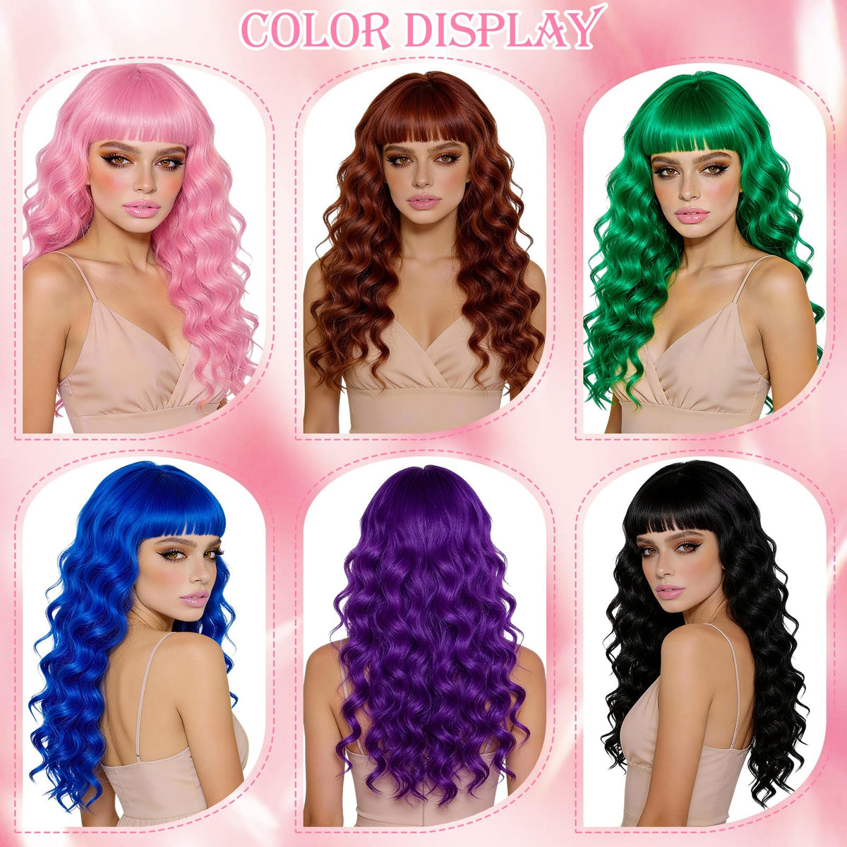 Purple Wig for Women Long Wavy Hair with Heart Sunglasses, Colorful Curly Wigs with Bangs for Birthday Nightclubs Music Festival Photography Funny Bachelorette Mardi Gras Party Supplies