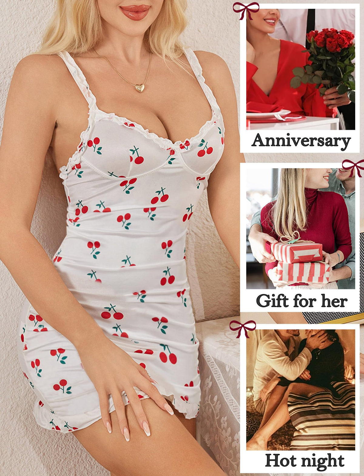 Women's Cherry Nightgown Lace Trim V Neck Babydoll Lingerie Dress Sleeveless Cami Chemise Nightwear