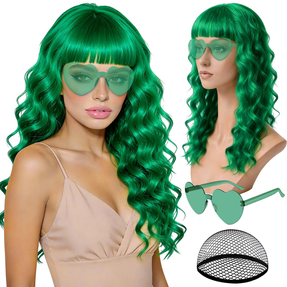 Purple Wig for Women Long Wavy Hair with Heart Sunglasses, Colorful Curly Wigs with Bangs for Birthday Nightclubs Music Festival Photography Funny Bachelorette Mardi Gras Party Supplies