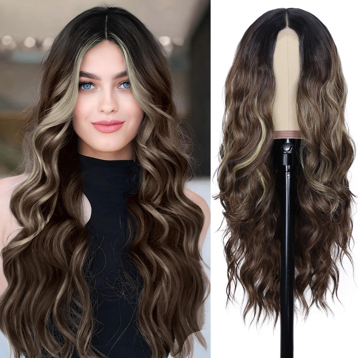 NAYOO Ice Blue Wig for Women, 26 Inch Middle Part Wavy Synthetic Wig