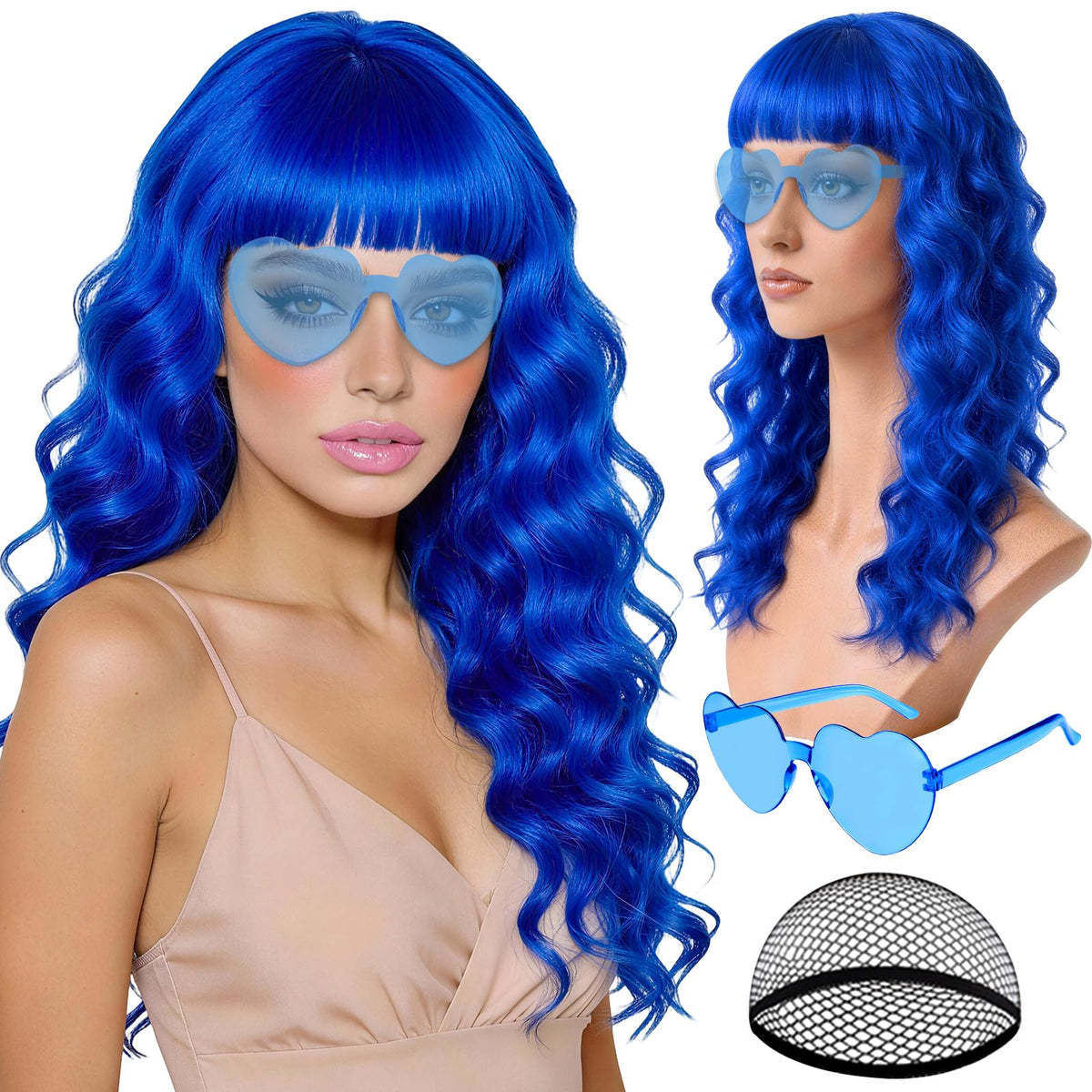 Purple Wig for Women Long Wavy Hair with Heart Sunglasses, Colorful Curly Wigs with Bangs for Birthday Nightclubs Music Festival Photography Funny Bachelorette Mardi Gras Party Supplies