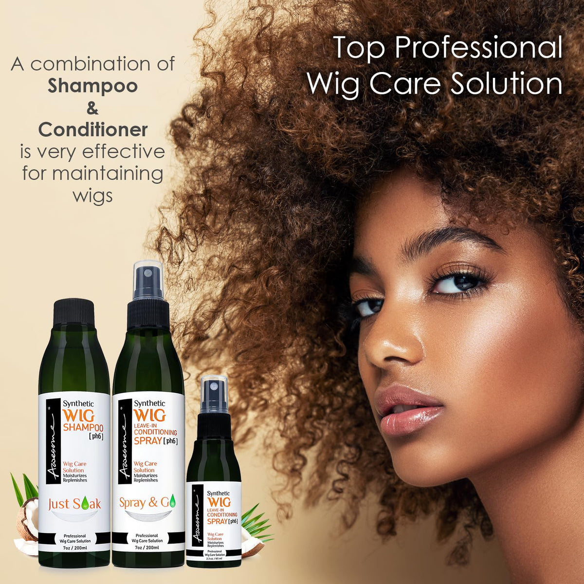 Awesome Synthetic Wig Care Kit, Shampoo & Leave-In Conditioner, 3-Pack