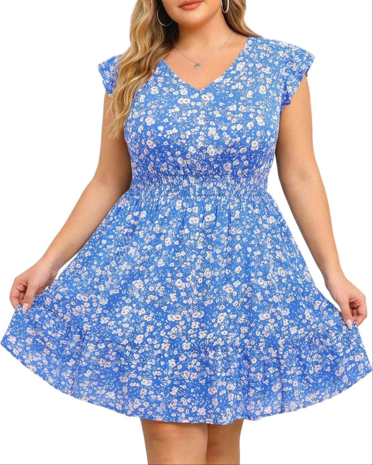 Talisea Womens Plus Size V Neck Ruffle Sleeve Flowy Summer Dress