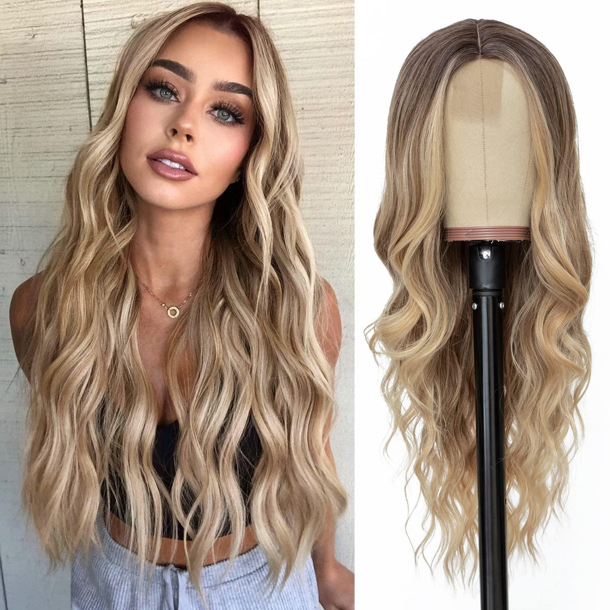 NAYOO Ice Blue Wig for Women, 26 Inch Middle Part Wavy Synthetic Wig