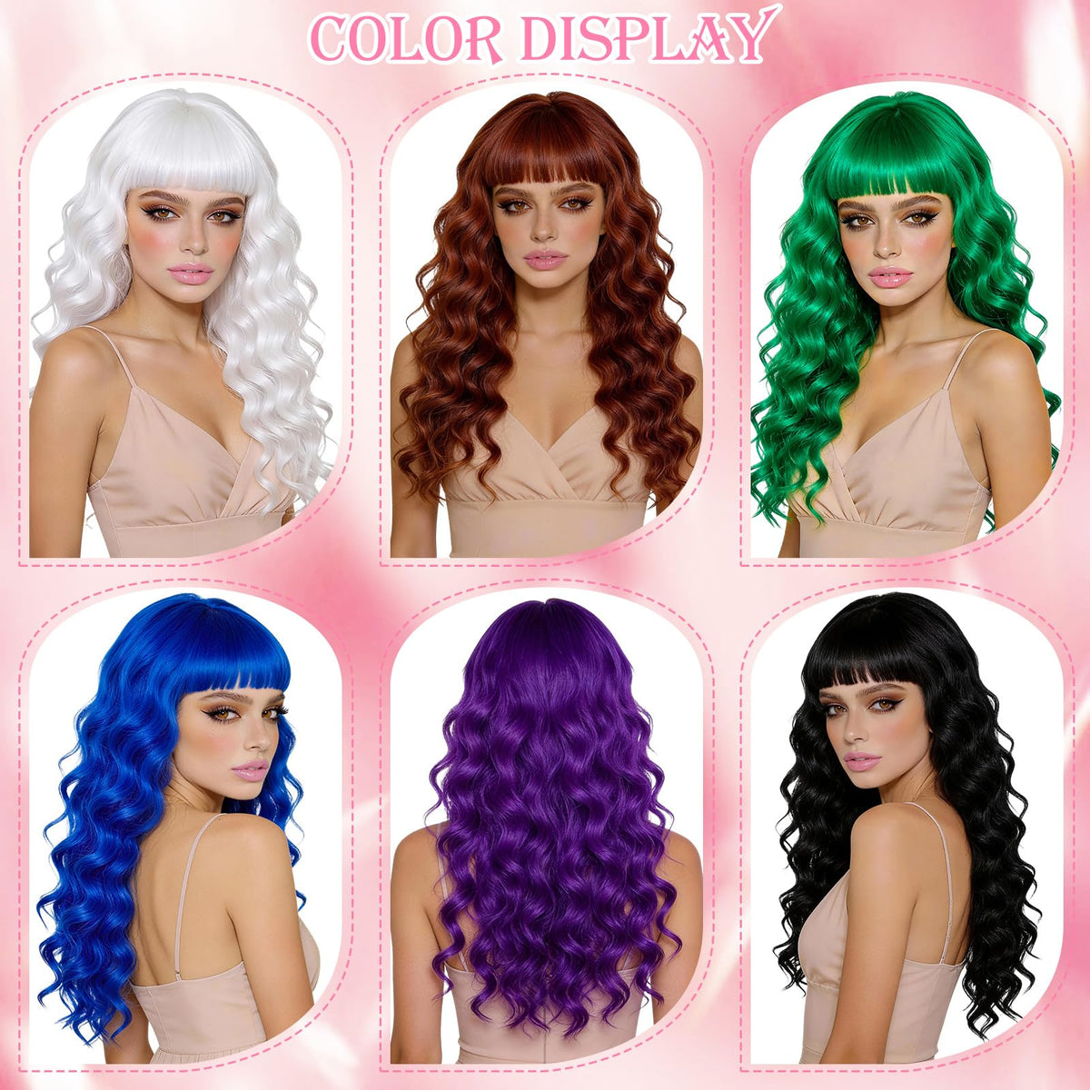 Purple Wig for Women Long Wavy Hair with Heart Sunglasses, Colorful Curly Wigs with Bangs for Birthday Nightclubs Music Festival Photography Funny Bachelorette Mardi Gras Party Supplies