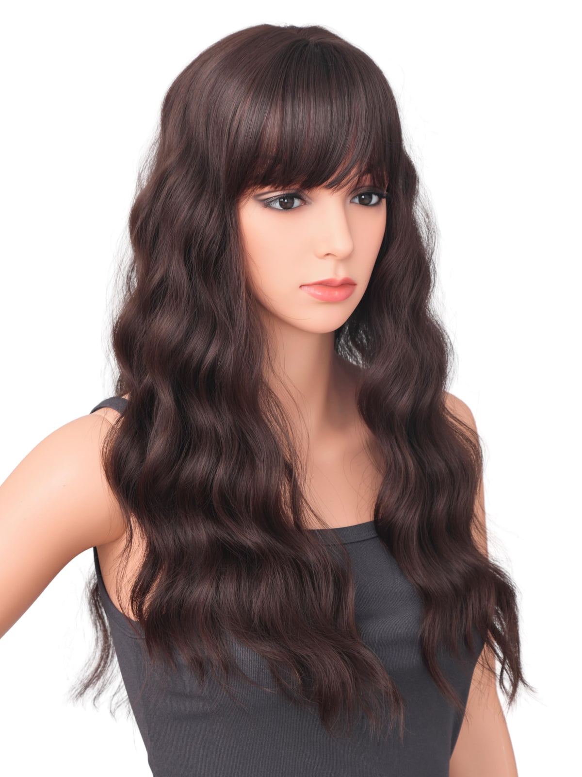 18 Inch Wavy Wig with Bangs – Black With Brown Highlights Heat Resistant Synthetic Hair, Soft Silky & Natural Looking for Women