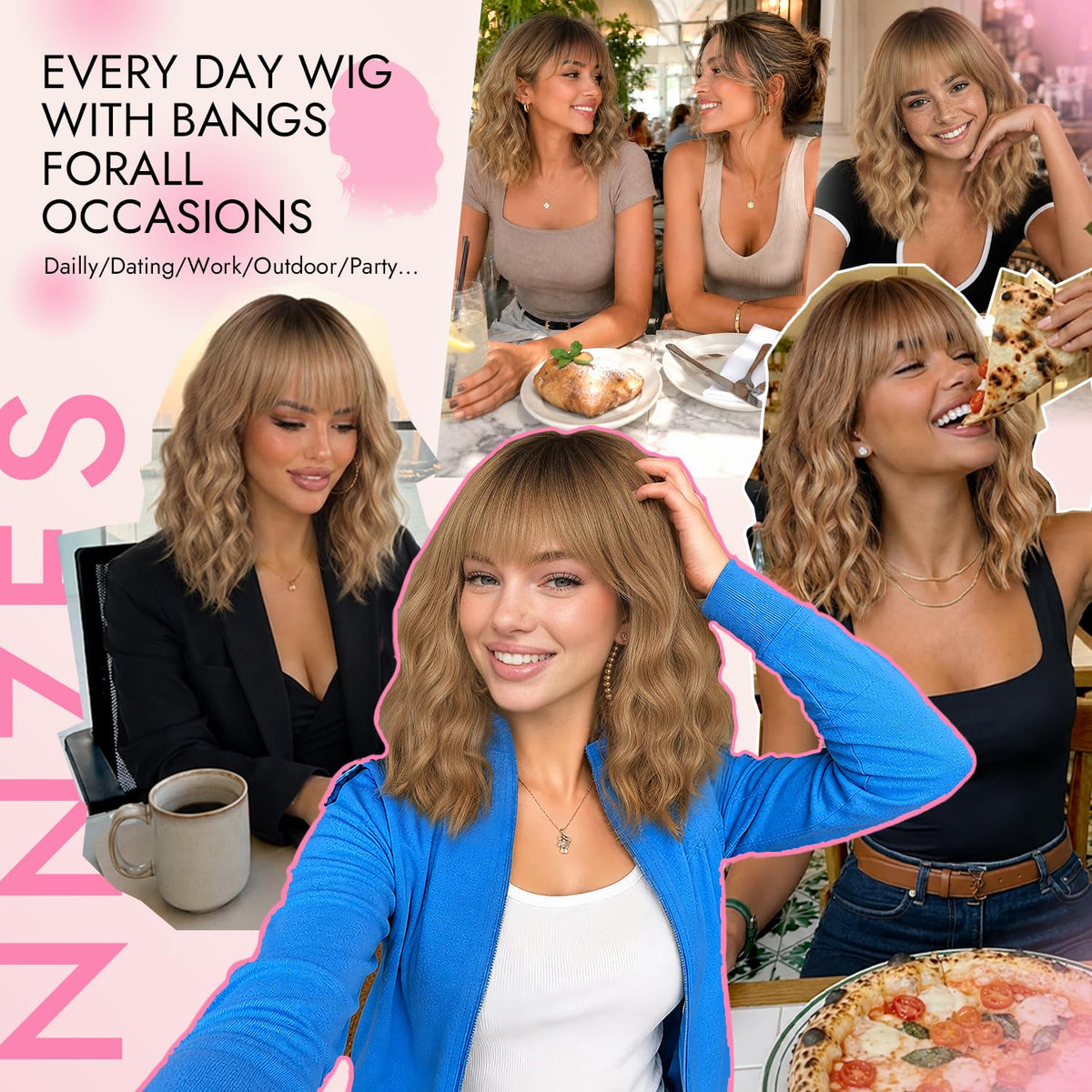 Nnzes Short Wavy Bob Wig with Bangs for Women Shoulder Length Curly Dark Brown with Purple Synthetic Heat-Resistant Fiber Hair for Daily & Party Use