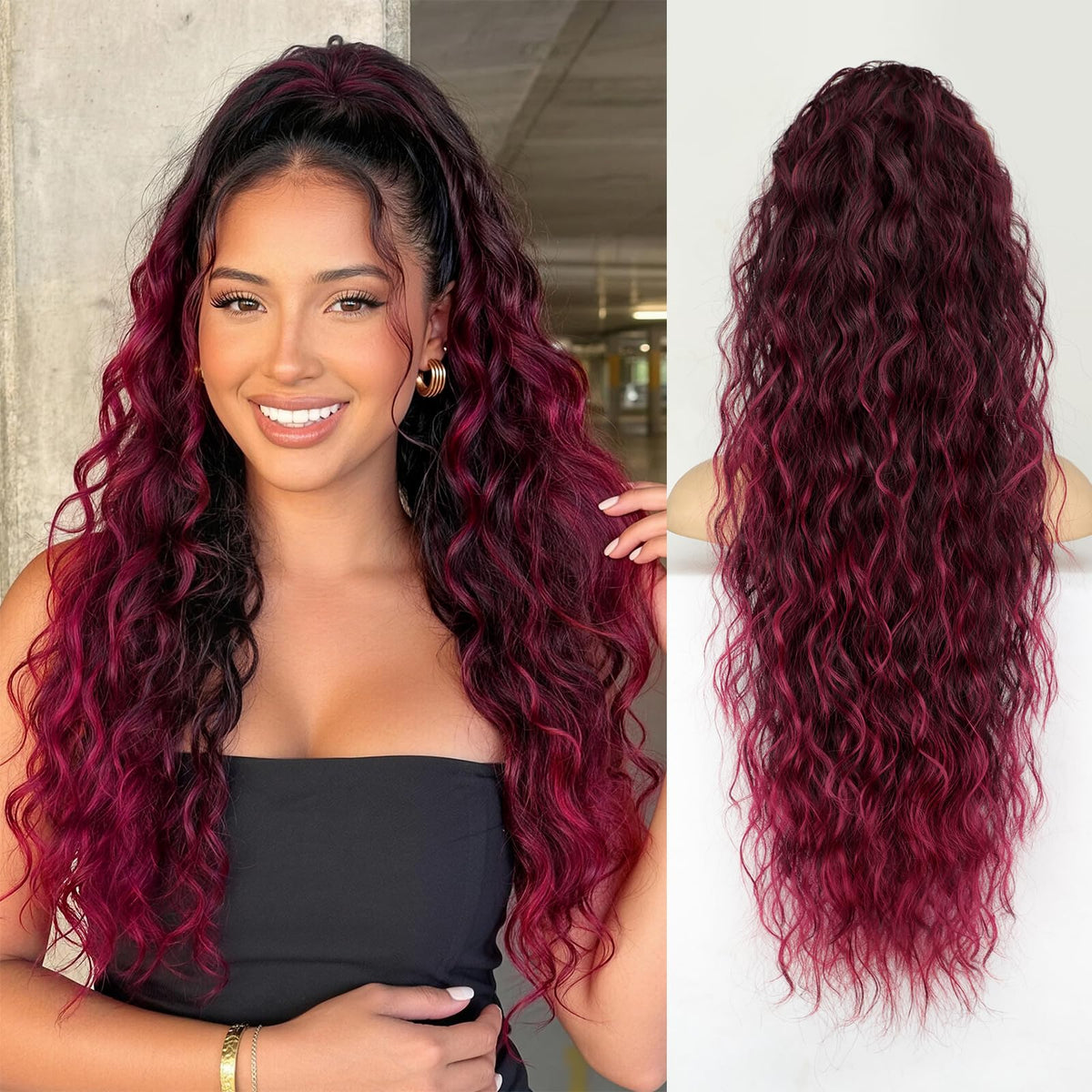 KooKaStyle Long Medium Brown Curly Synthetic Drawstring Ponytail Extension