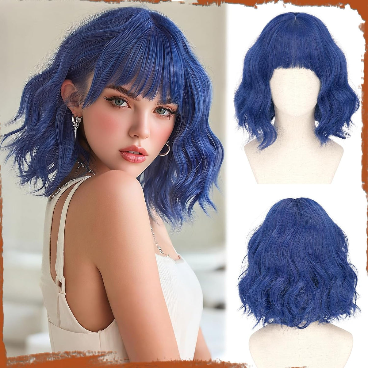 SOFEIYAN Short Wavy Violet Blue Wig - 12 Inch Dark Ginger Bob Wig with Bangs for Women Curly Shoulder Length Bob Wig with Bangs Soft Synthetic Hair Wigs for Girls Daily Party Use