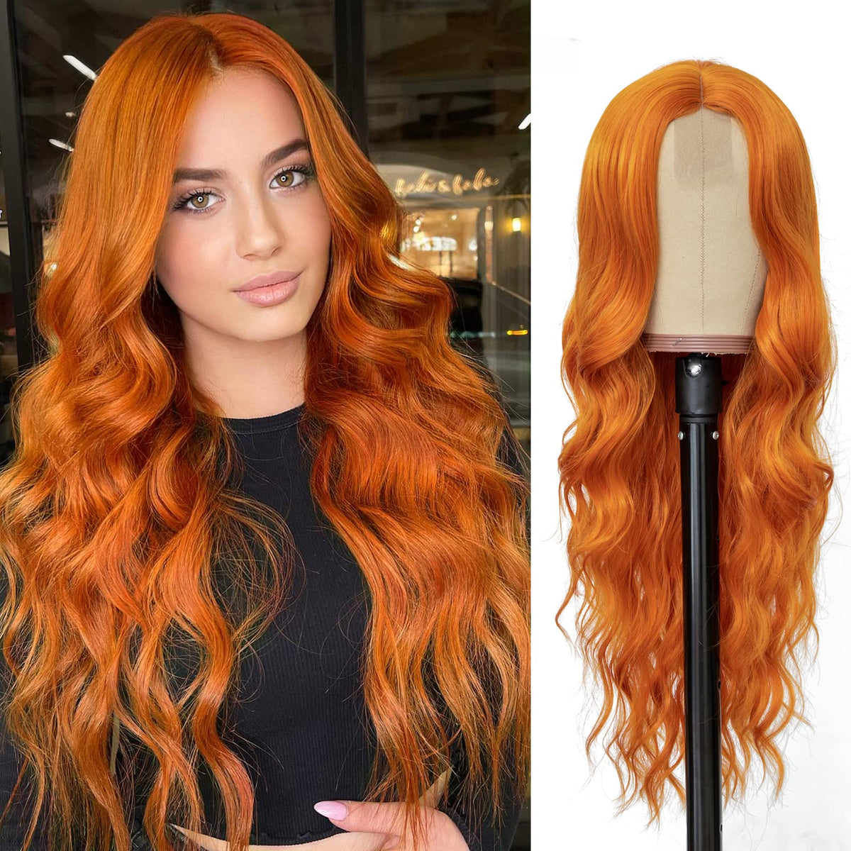 NAYOO 26 Inch Long Wavy Black Wig for Women, Middle Part Natural Looking Synthetic Wig, Heat Resistant Fiber Soft & Lightweight, Realistic Scalp Long Curly Wig for Daily Wear Party Cosplay