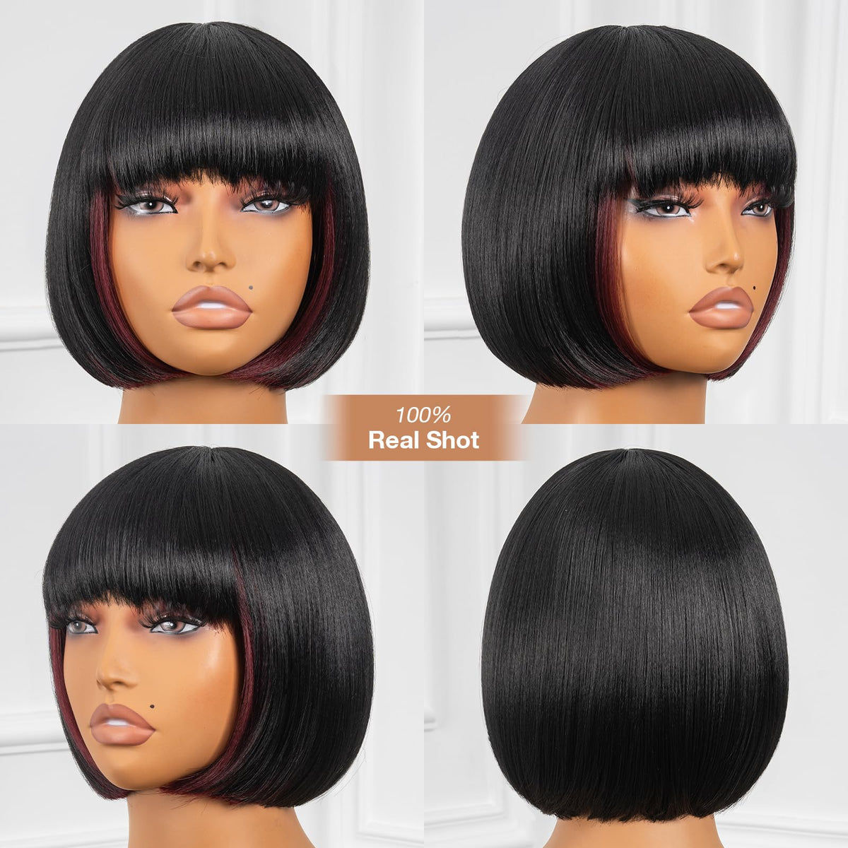 ToyoTress Bob Wig With Bangs - 12 Inch Peek-a-boo Color Short Bob Wig For Black Women Black Mix Brown Daily Costume Wigs, Light Yaki Straight Synthetic Hair Wigs Heat Resistant (12 Inch, SH30-612H)