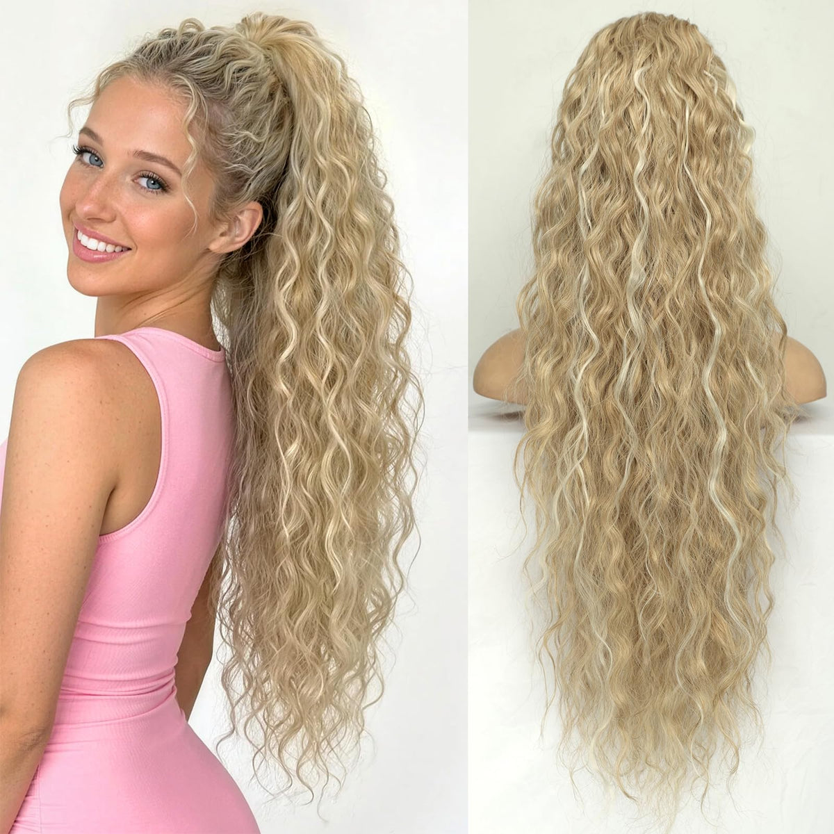 KooKaStyle Long Medium Brown Curly Synthetic Drawstring Ponytail Extension