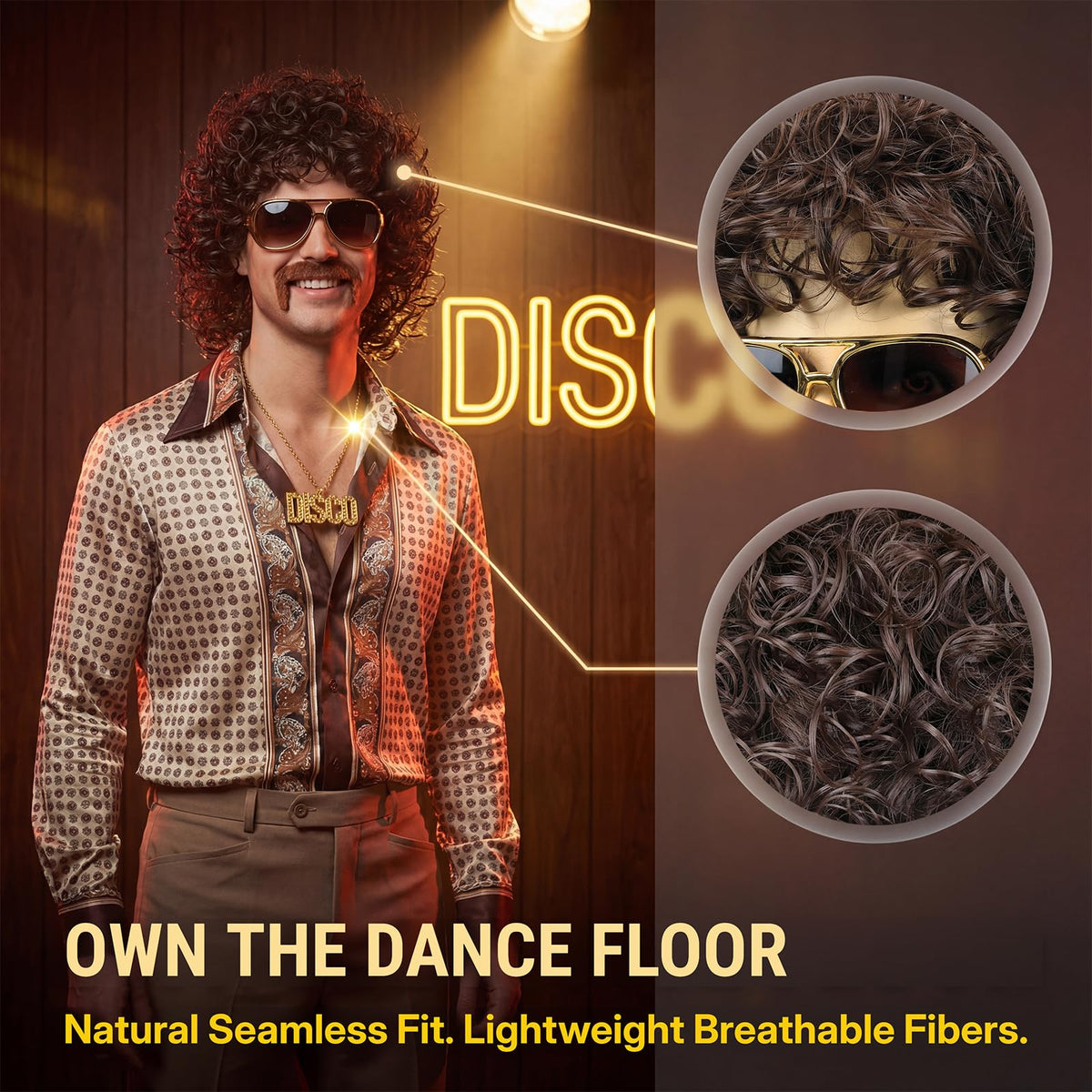 70s Disco Black Jerry Curl Wig with Glasses Mustache Necklace for Men
