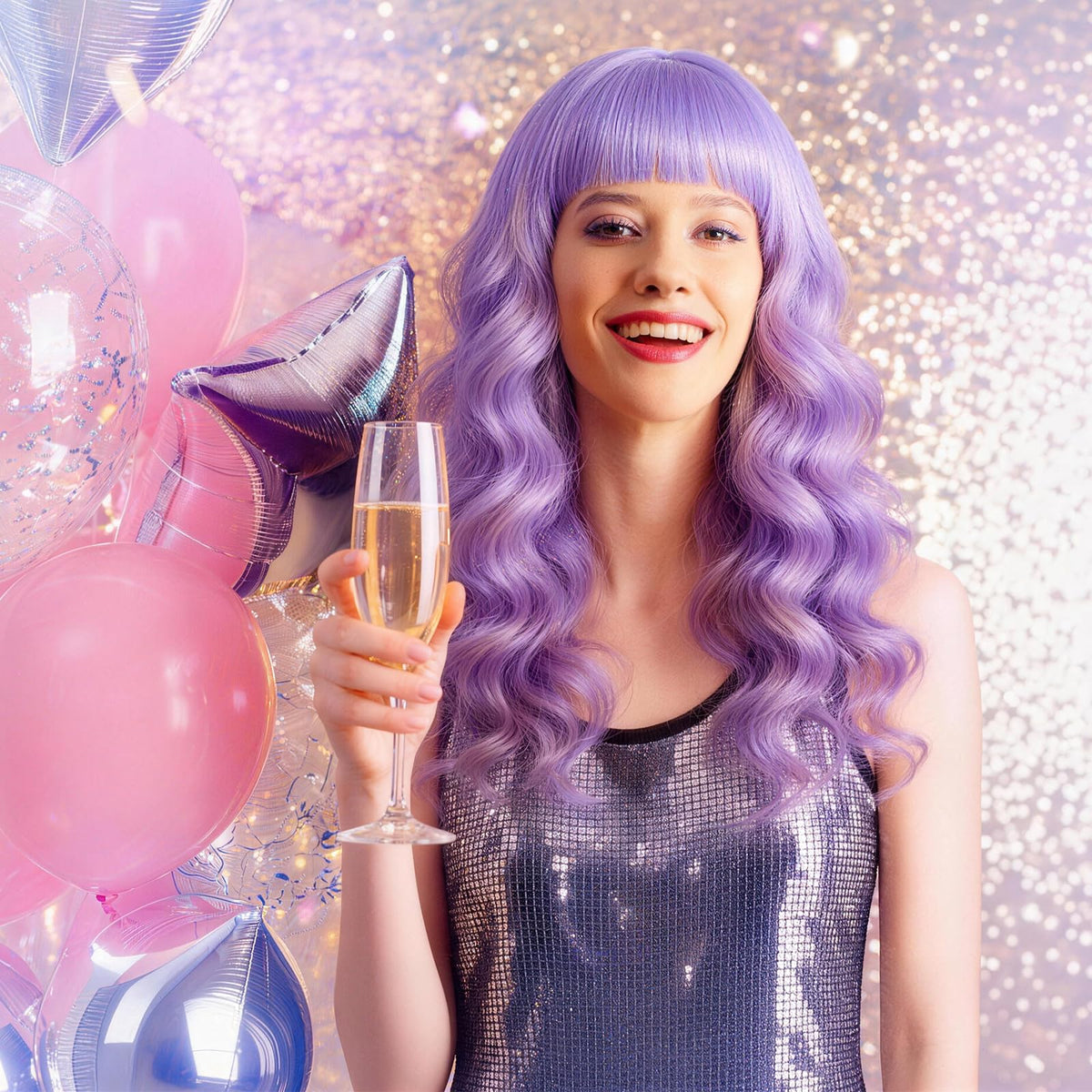 Purple Wig for Women Long Wavy Hair with Heart Sunglasses, Colorful Curly Wigs with Bangs for Birthday Nightclubs Music Festival Photography Funny Bachelorette Mardi Gras Party Supplies