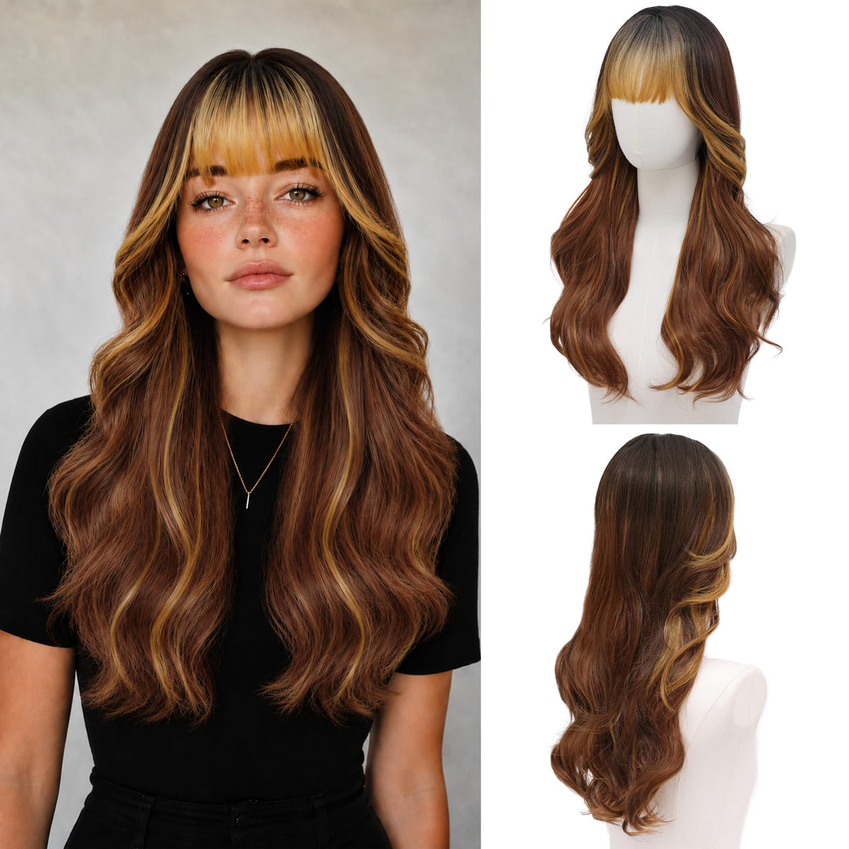 Rooted Honey Wig with Bangs for Women 24 Inch Long Wavy Synthetic Hair