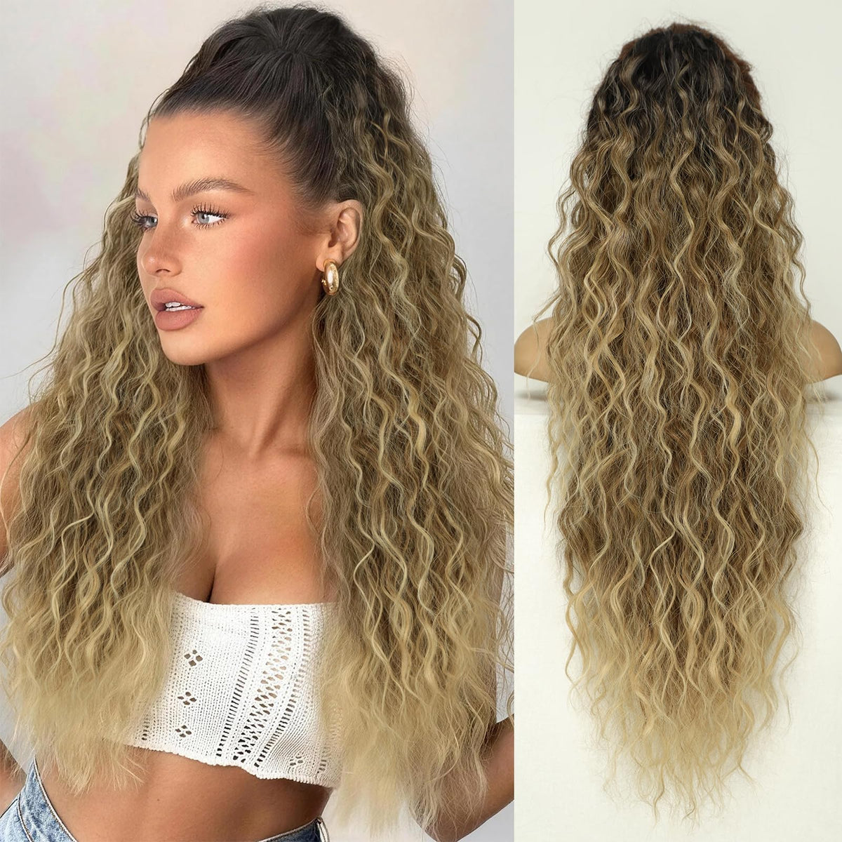 KooKaStyle Long Medium Brown Curly Synthetic Drawstring Ponytail Extension
