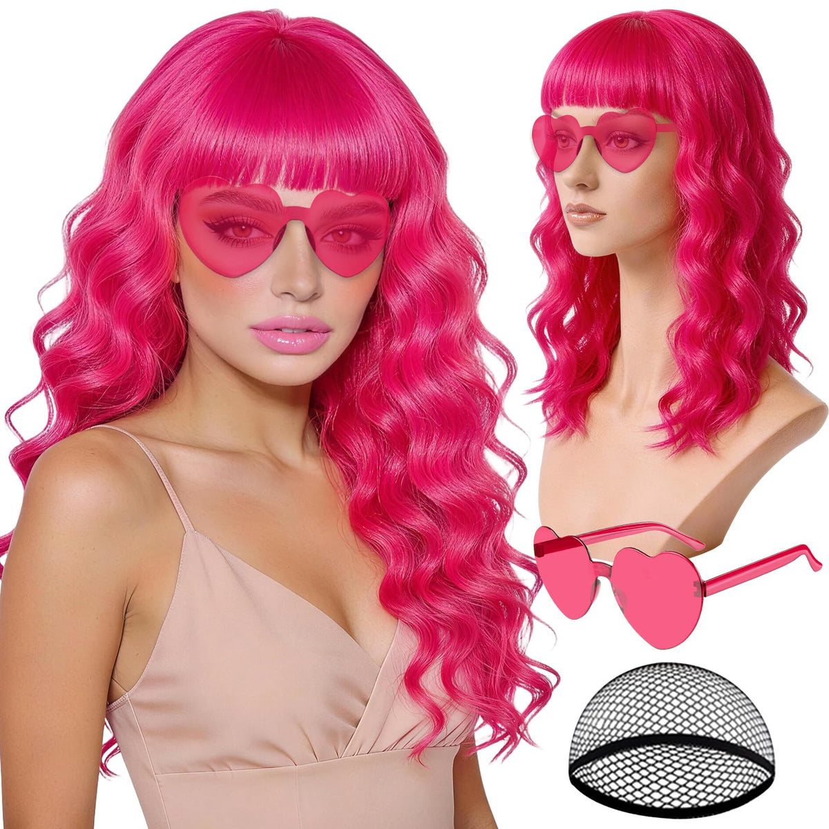 Purple Wig for Women Long Wavy Hair with Heart Sunglasses, Colorful Curly Wigs with Bangs for Birthday Nightclubs Music Festival Photography Funny Bachelorette Mardi Gras Party Supplies