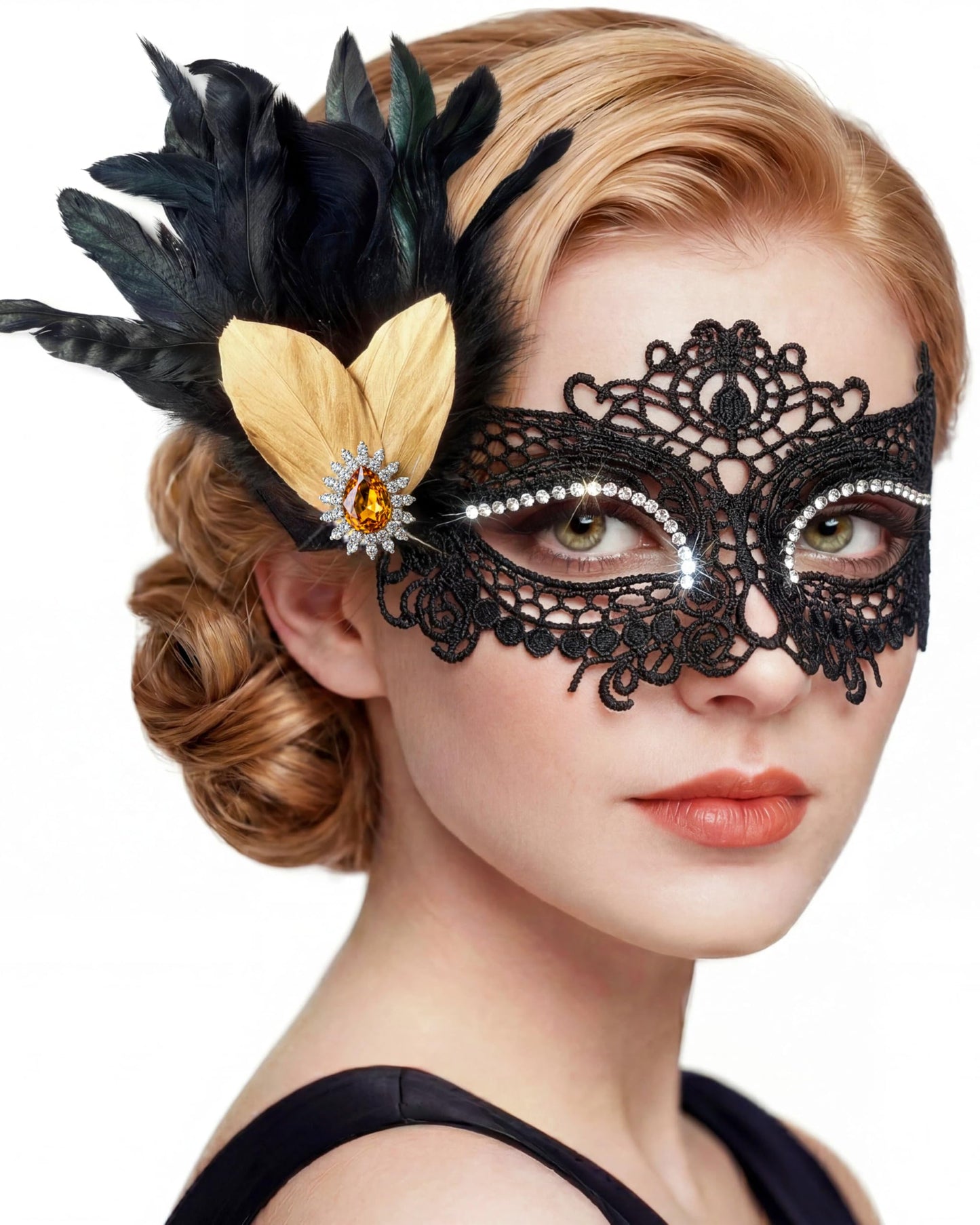 Black Lace Masquerade Mask for Women,1920s Venetian Feather Eye Mask with Gold Rhinestones for Mardi Gras Halloween