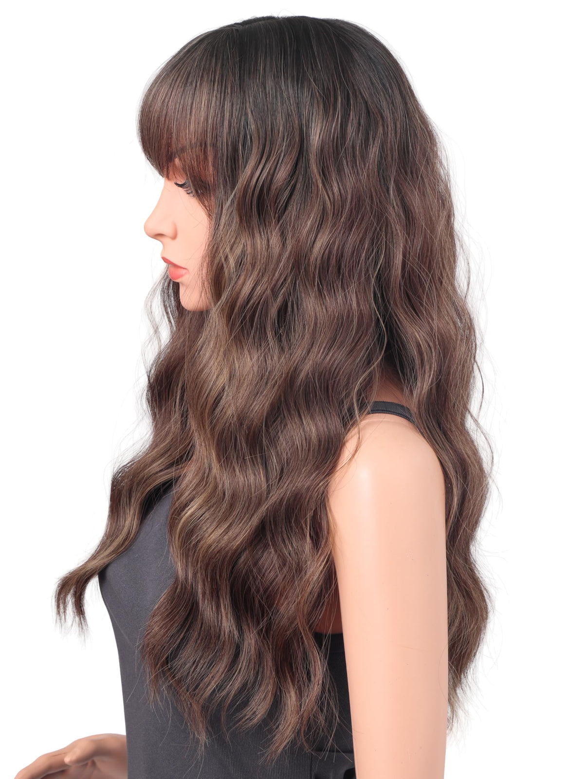 18 Inch Wavy Wig with Bangs – Black With Brown Highlights Heat Resistant Synthetic Hair, Soft Silky & Natural Looking for Women