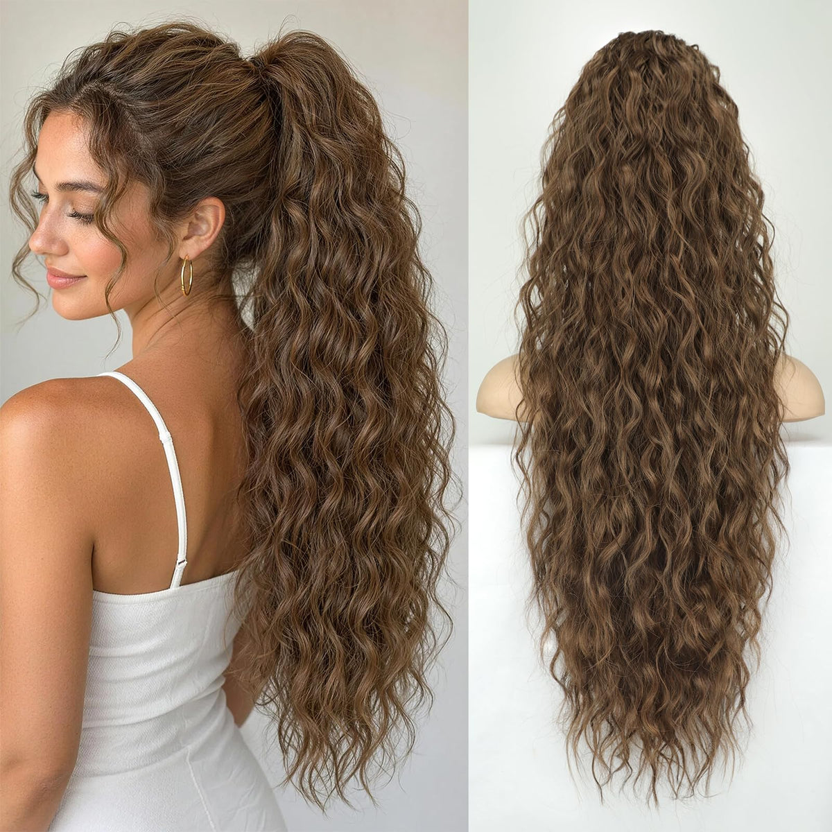 KooKaStyle Long Medium Brown Curly Synthetic Drawstring Ponytail Extension