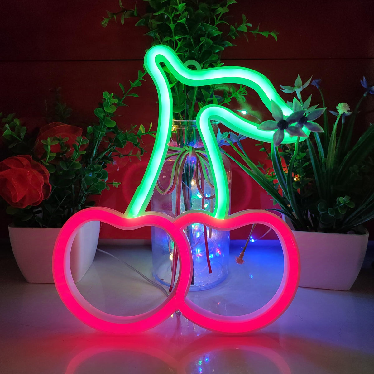 JYWJ Cherry LED Neon Signs Desktop Wall Decoration Light(Green+Pink)