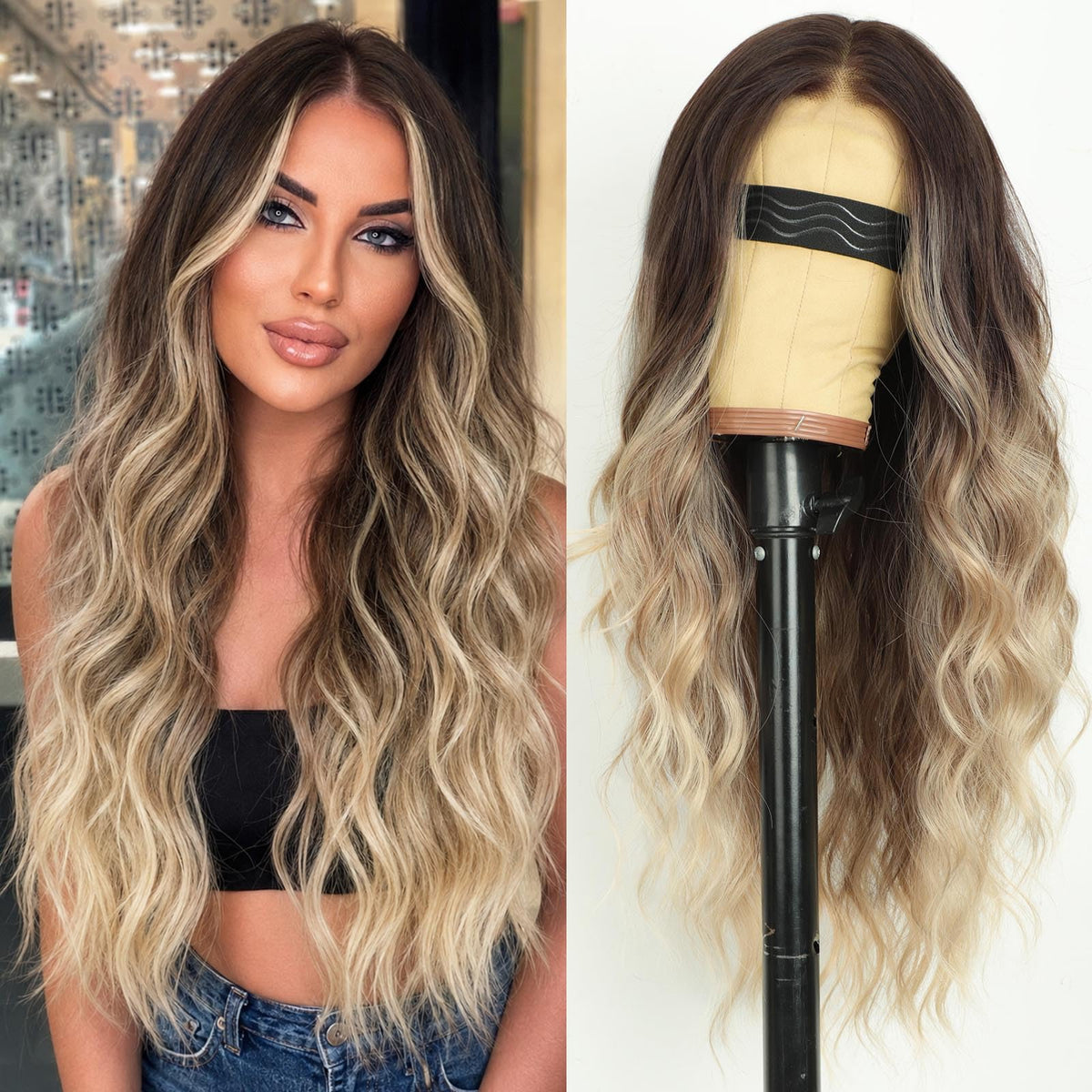 AISI HAIR Black Wig for Women, Long Wavy Lace Hairline Synthetic Wig 26Inch