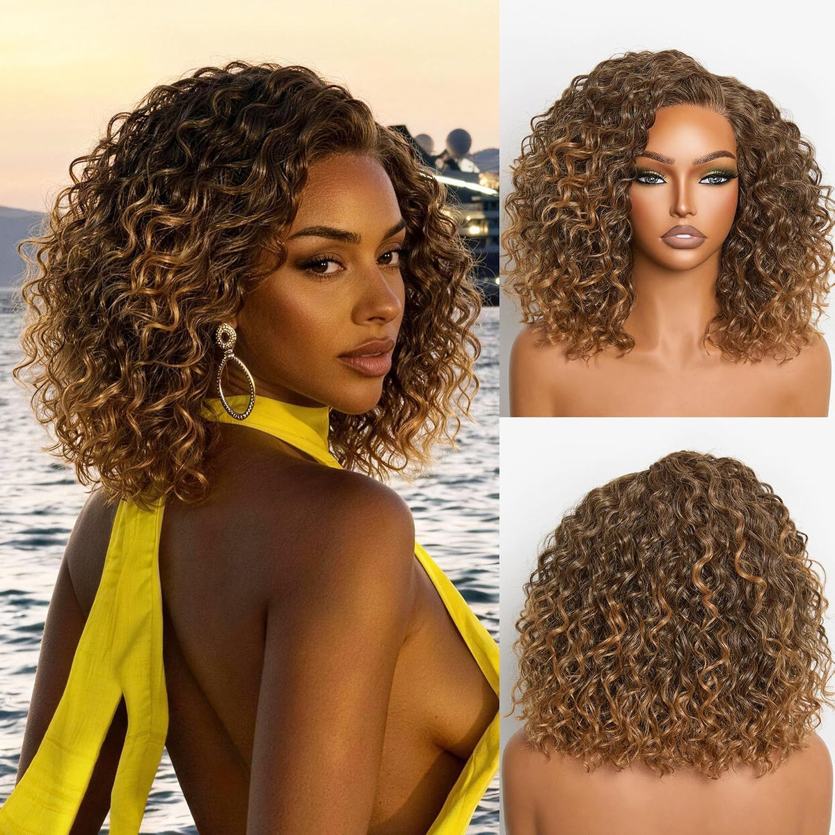 Frodio Curly Water Wave Glueless Wig 12'' Short Curly Wigs Honey Brown Mix