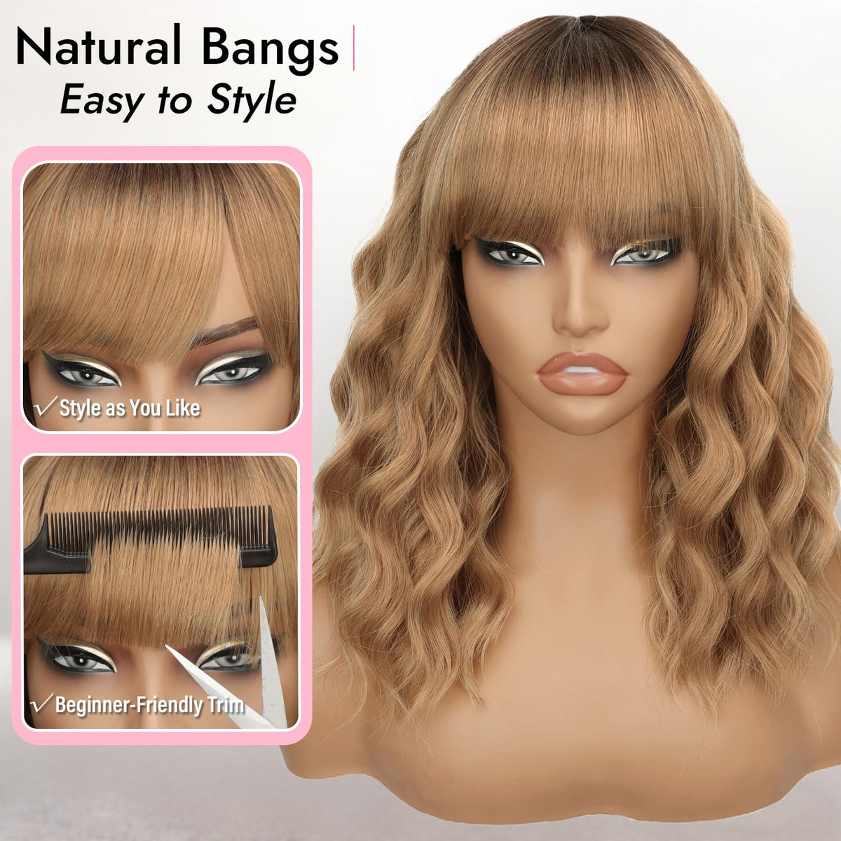 Nnzes Short Wavy Bob Wig with Bangs for Women Shoulder Length Curly Dark Brown with Purple Synthetic Heat-Resistant Fiber Hair for Daily & Party Use