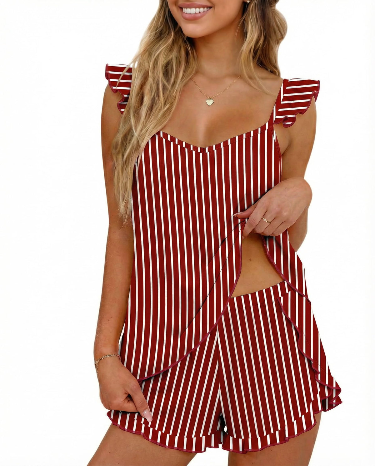 Ekouaer Pajamas for Women set 2 Piece Ruffle Tank Top Split Leg Cami Shorts