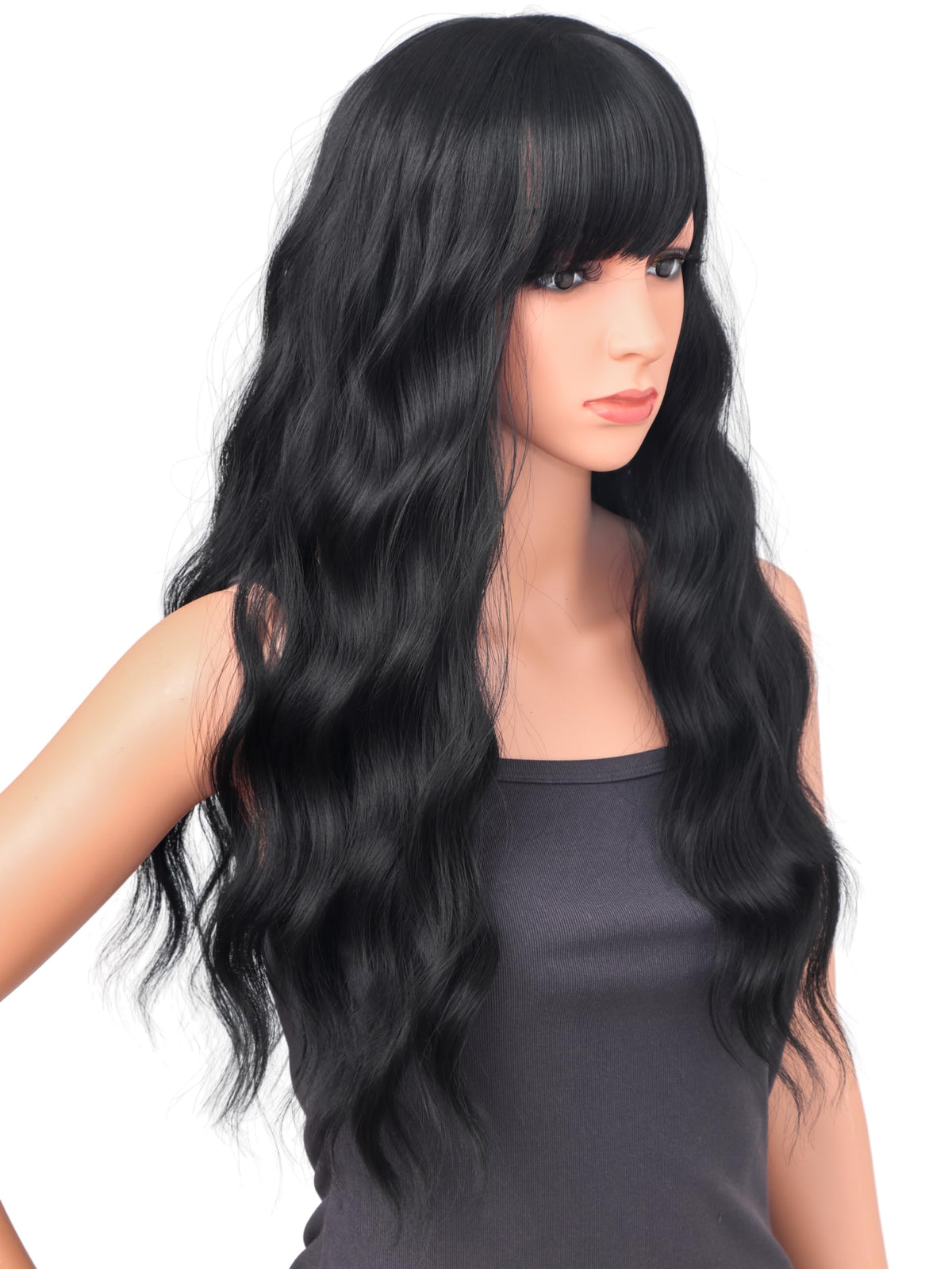 18 Inch Wavy Wig with Bangs – Black With Brown Highlights Heat Resistant Synthetic Hair, Soft Silky & Natural Looking for Women