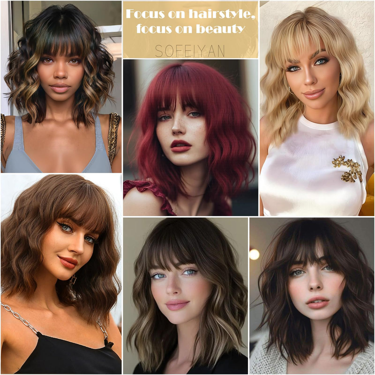 SOFEIYAN Short Wavy Violet Blue Wig - 12 Inch Dark Ginger Bob Wig with Bangs for Women Curly Shoulder Length Bob Wig with Bangs Soft Synthetic Hair Wigs for Girls Daily Party Use