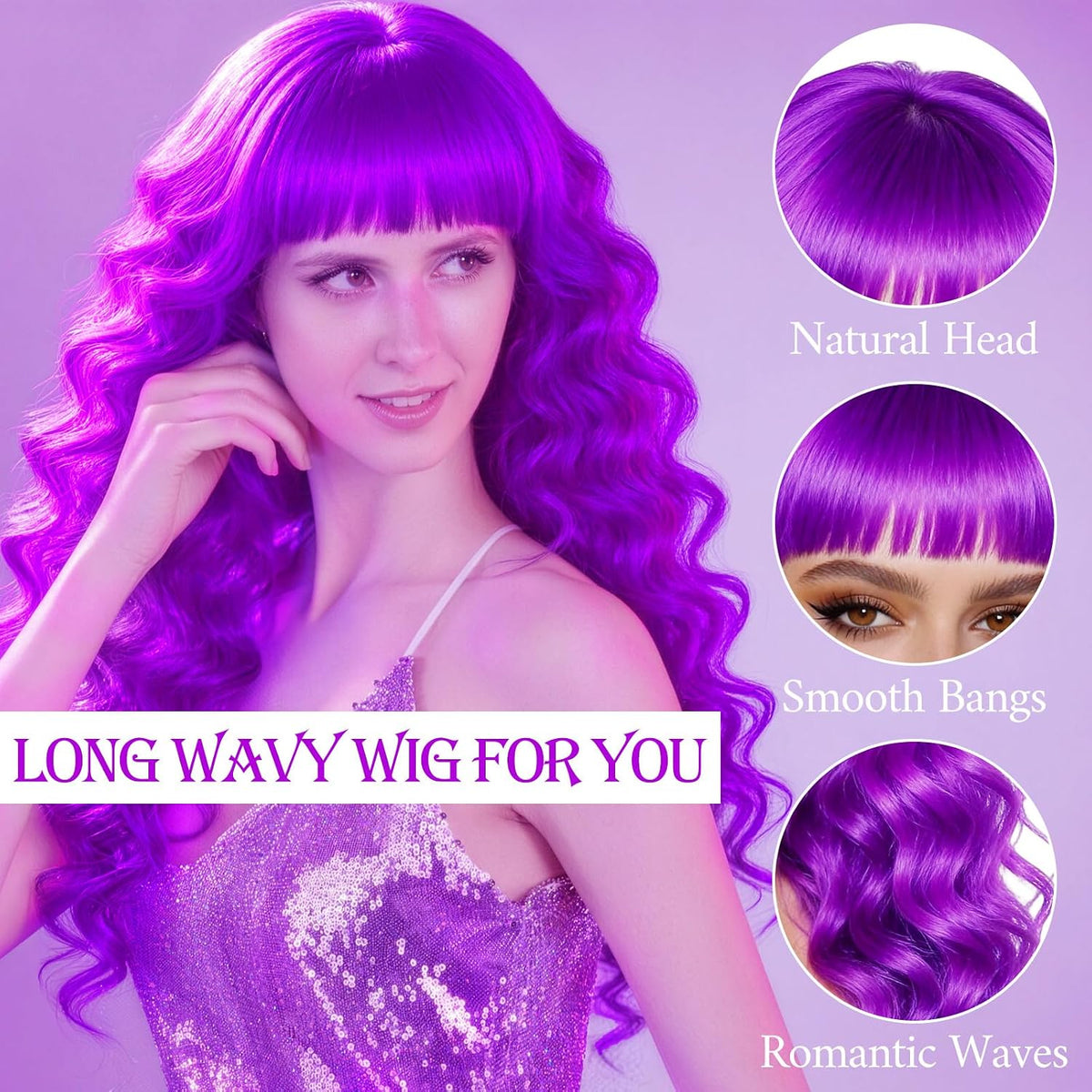 Purple Wig for Women Long Wavy Hair with Heart Sunglasses, Colorful Curly Wigs with Bangs for Birthday Nightclubs Music Festival Photography Funny Bachelorette Mardi Gras Party Supplies