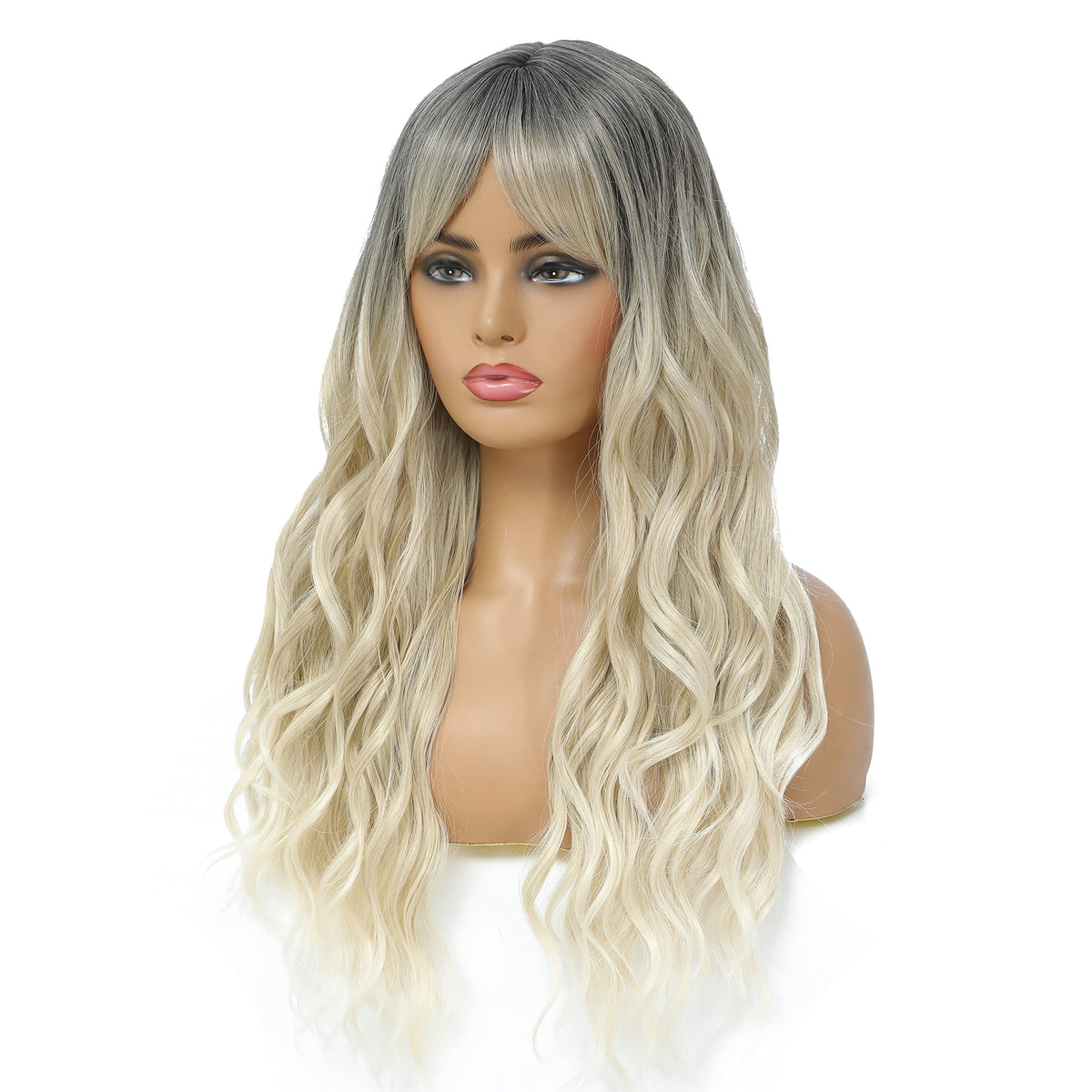 SWACC Long Curly Wavy Wig with Bangs Synthetic Hair Wig for Women with Wig Cap (Pink Ombre)