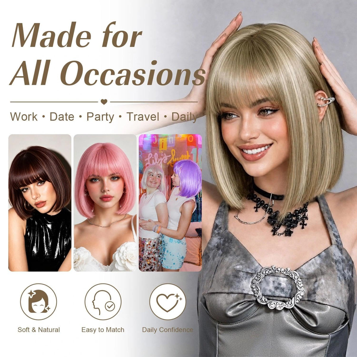 Bob Wig with Bangs for Women Short Straight Bob Wigs for Women 12inch