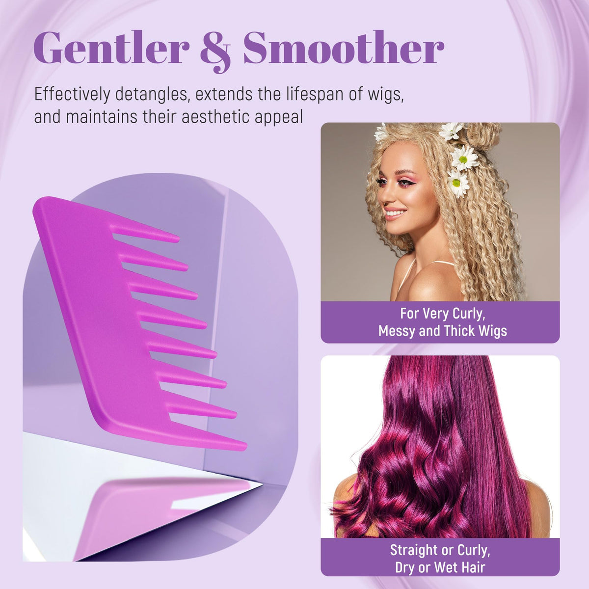 Wig Brush Comb Set, Premium Matte Grip, 2pcs Professional Extension Brush with Ergonomic Travel Size Design for Human and Synthetic Hair