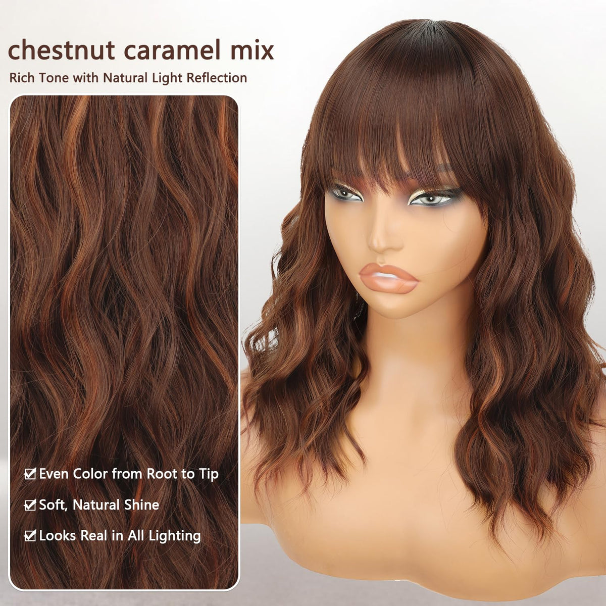 Nnzes Short Wavy Bob Wig with Bangs for Women Shoulder Length Curly Dark Brown with Purple Synthetic Heat-Resistant Fiber Hair for Daily & Party Use