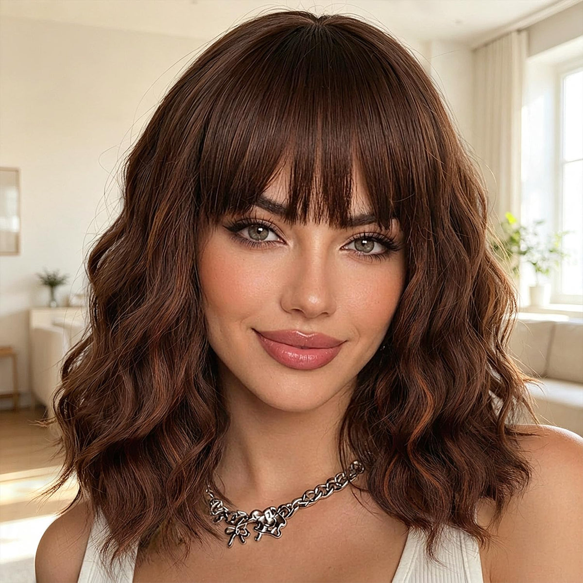 Nnzes Short Wavy Bob Wig with Bangs for Women Shoulder Length Curly Dark Brown with Purple Synthetic Heat-Resistant Fiber Hair for Daily & Party Use