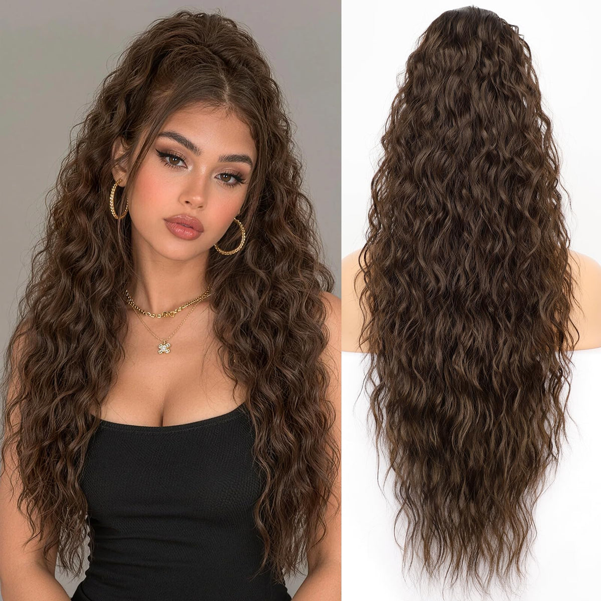 KooKaStyle Long Medium Brown Curly Synthetic Drawstring Ponytail Extension