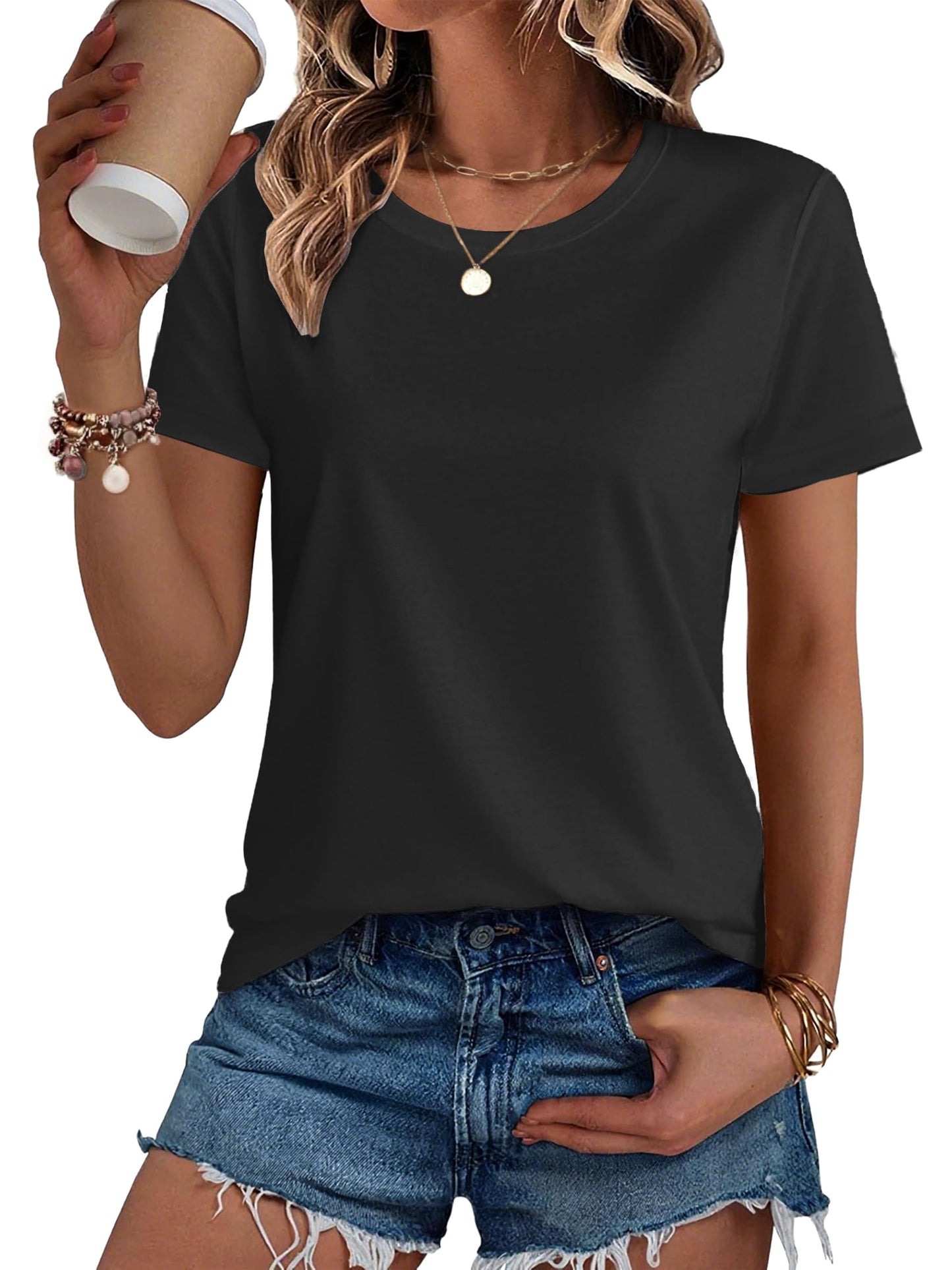 SMENG Women's Cotton Crewneck T-Shirts Short Sleeve Basic Solid Color Tee Classic-Fit Shirt Breathable Comfy Summer Top