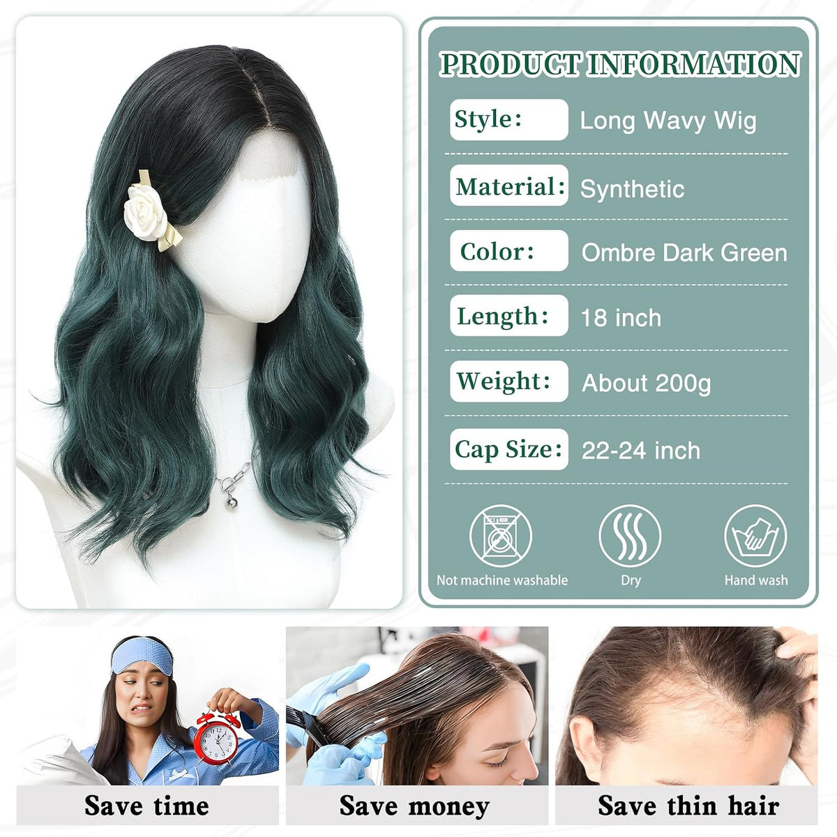 MORICA Ombre Dark Green Wigs for Women, 18 Inch Wavy Middle Part Wig
