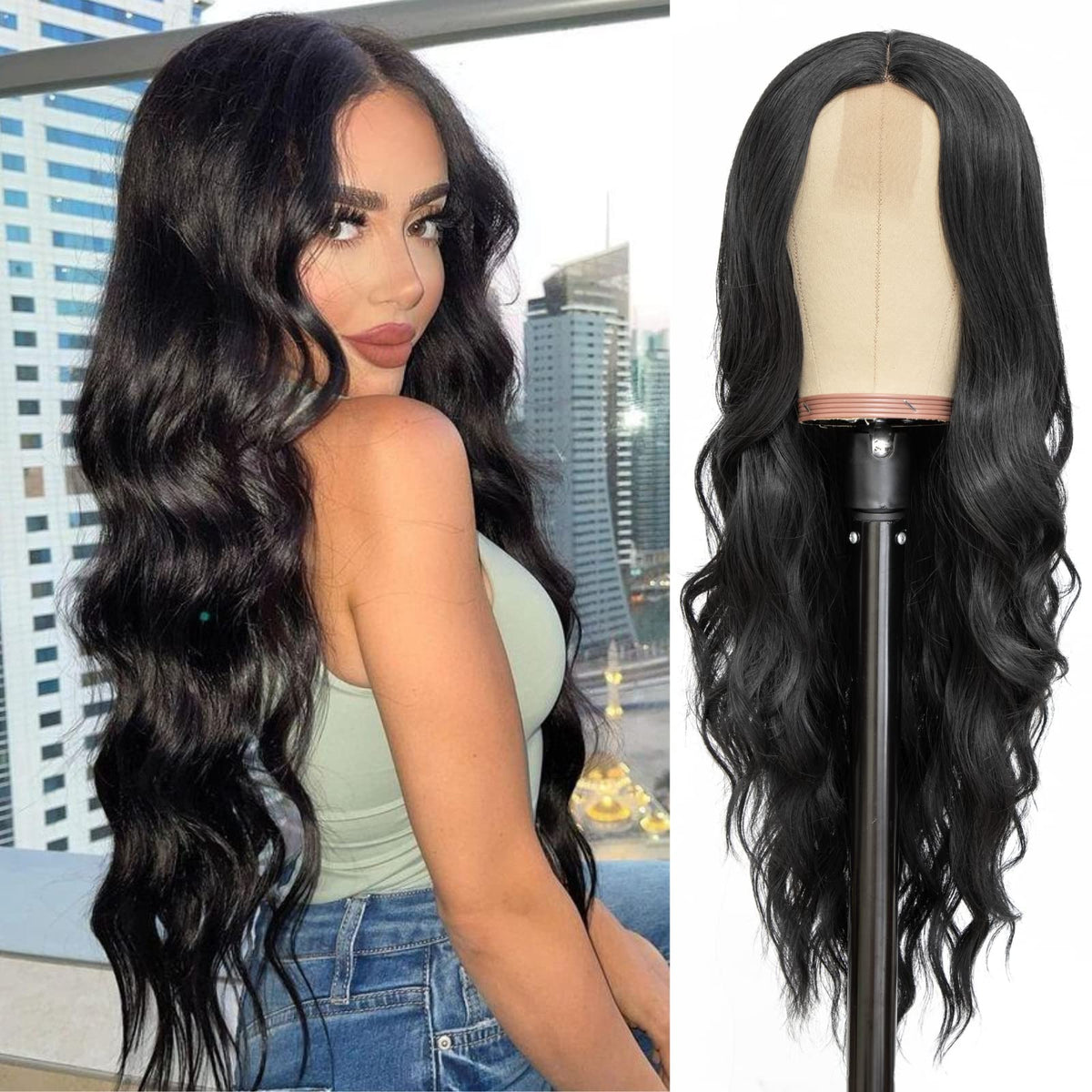 NAYOO Ice Blue Wig for Women, 26 Inch Middle Part Wavy Synthetic Wig