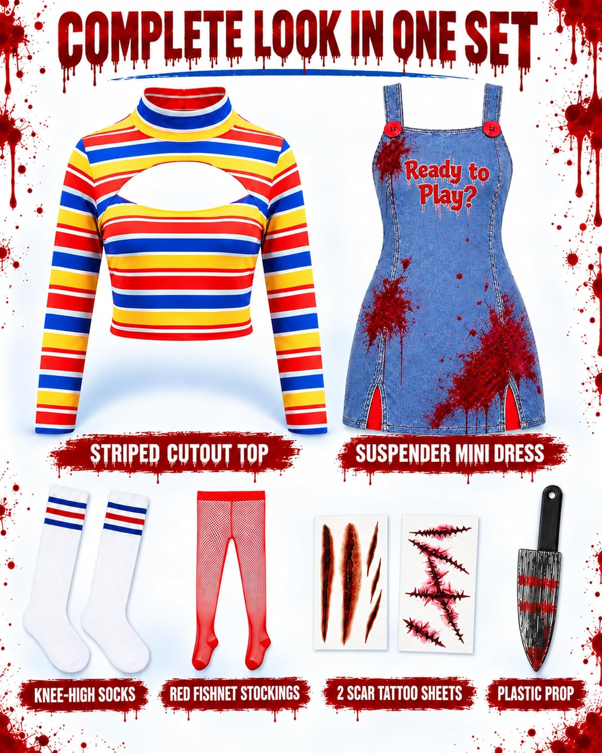 Halloween Killer Doll Costume for Women, Adult Creepy Doll Cosplay Set