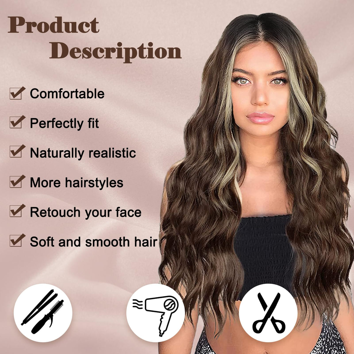 NAYOO Ice Blue Wig for Women, 26 Inch Middle Part Wavy Synthetic Wig