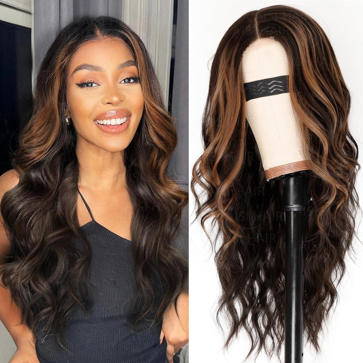 AISI HAIR Black Wig for Women, Long Wavy Lace Hairline Synthetic Wig 26Inch