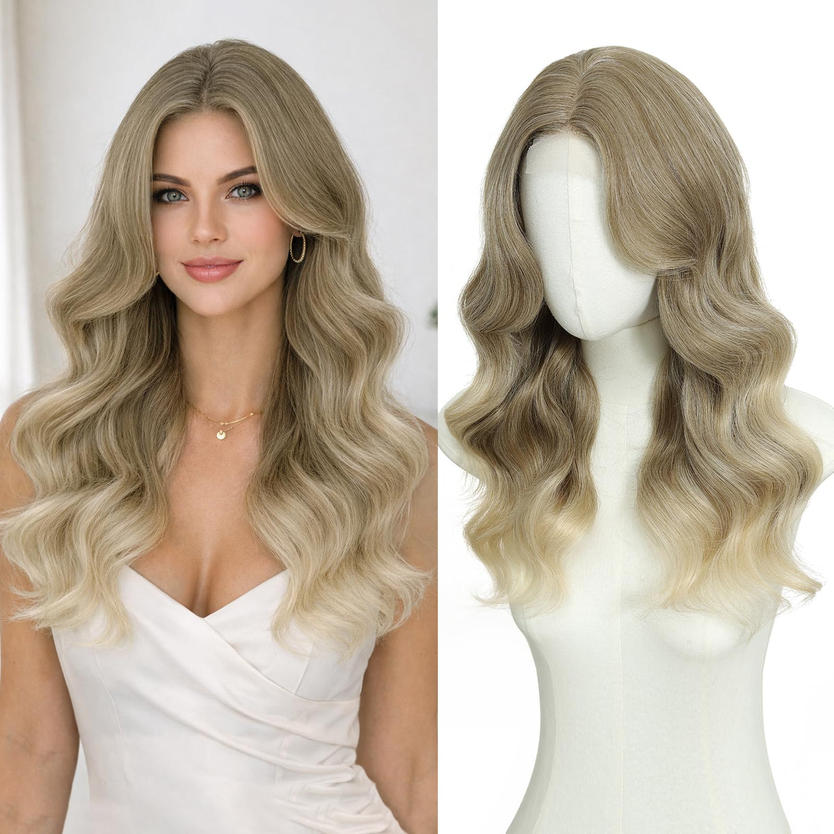 MORICA Ombre Dark Green Wigs for Women, 18 Inch Wavy Middle Part Wig