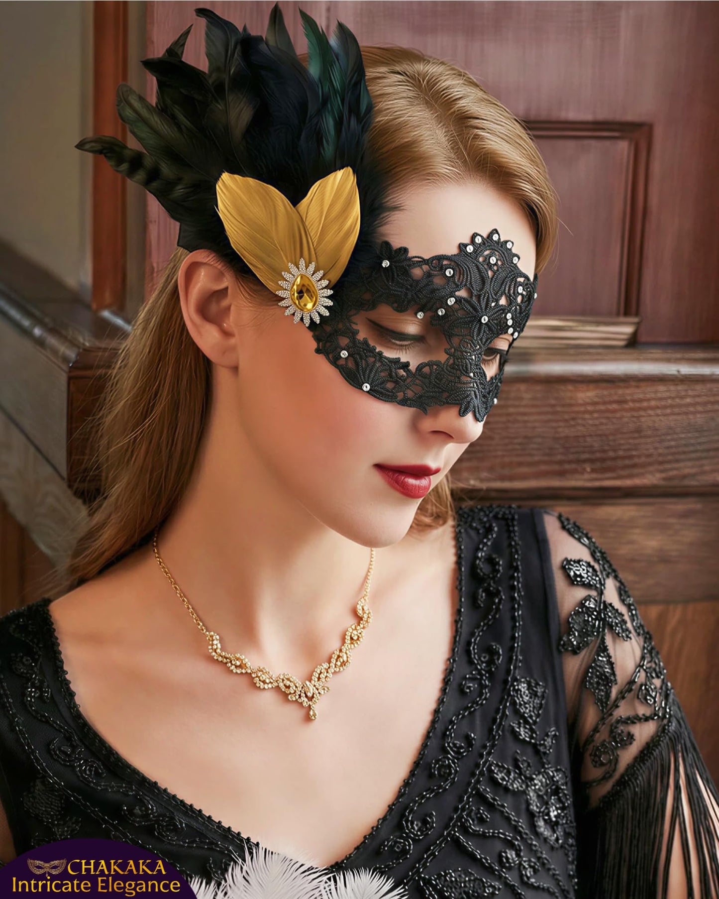 Black Lace Masquerade Mask for Women,1920s Venetian Feather Eye Mask with Gold Rhinestones for Mardi Gras Halloween
