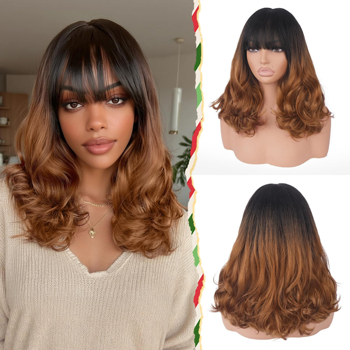 Burgundy Wig with Bangs 16 Inch Ombre Wig for Women