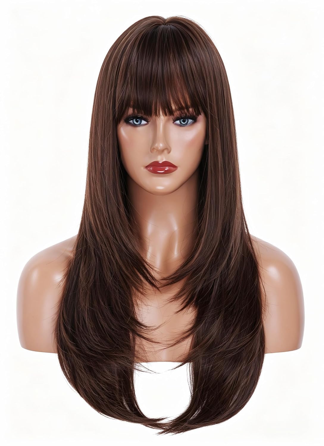 Long Brown Wigs for Women Long Wavy Wig with Bangs Natural looking Synthetic Fluffy Hair for Cosplay,Halloween,Daily Use